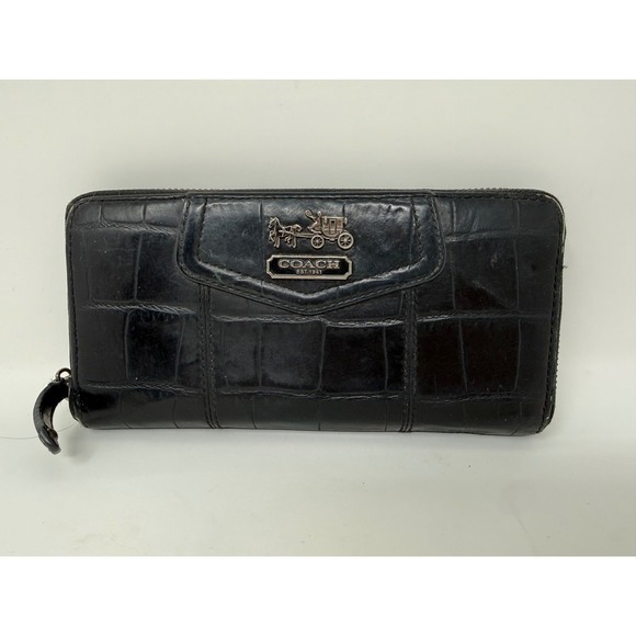 Coach Handbags - COACH Crocodile Embossed Leather Accordion Black Wallet 8‎ inches